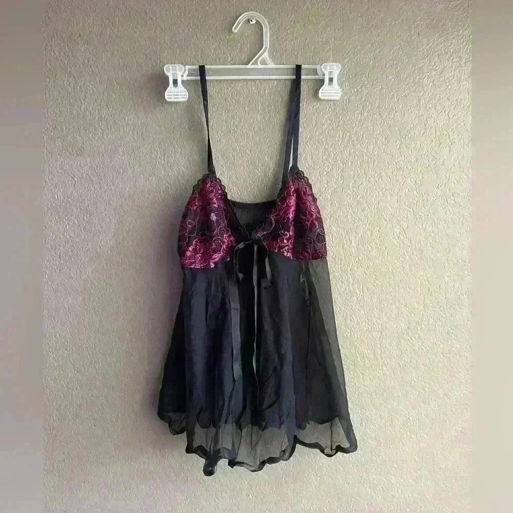 Women's Black/ Pink Lace Babydoll Sleepwear‎ Size M